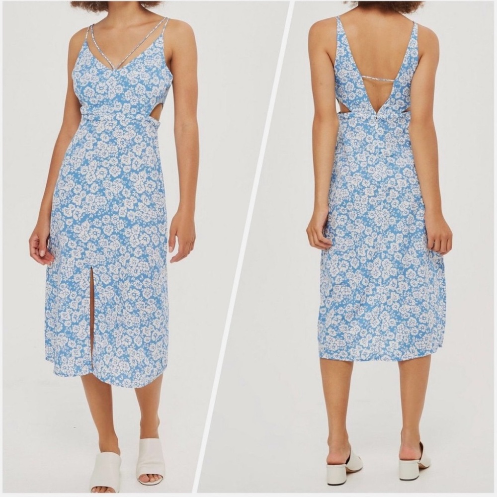 Topshop Cornflower Print Cut Out Slip Dress